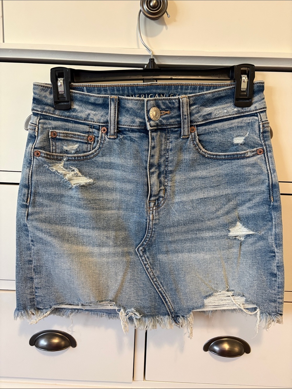 American Eagle Outfitters Light Blue Distressed Denim Mini Skirt